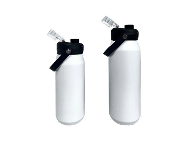 Two white water bottles with flip lids.