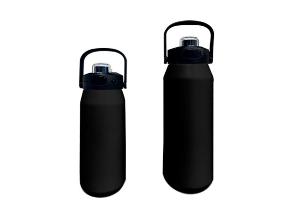Two black insulated water bottles, different sizes