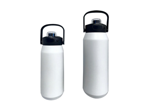 Two white insulated water bottles with handles