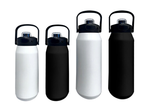 Four insulated water bottles, black and white.