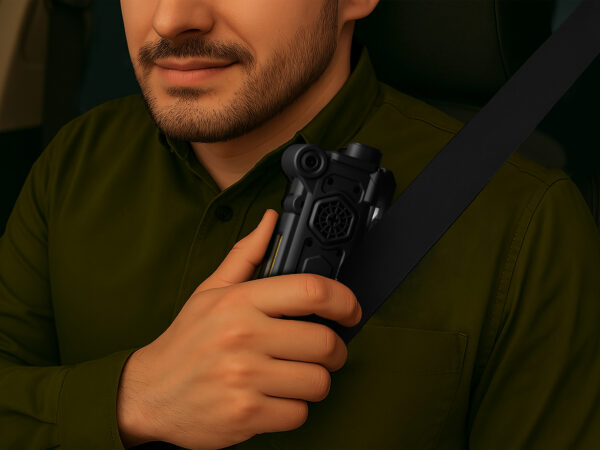 Man holding device under seatbelt