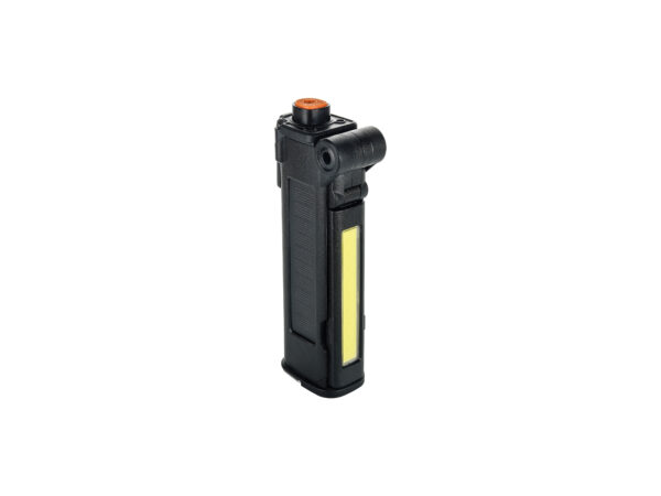 Black tactical flashlight with yellow accent.