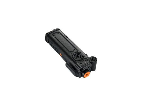 Black compact speaker with orange accents.