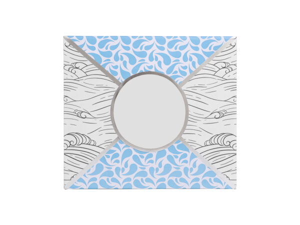 Blue and white decorative envelope with swirling patterns.