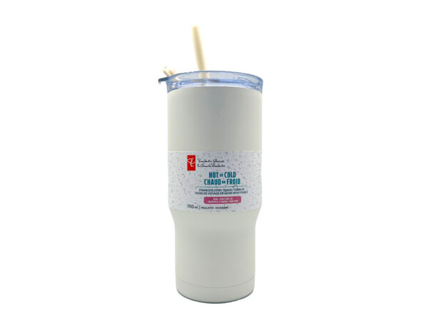 White insulated travel mug with straw