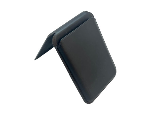 Black leather bi-fold wallet standing upright
