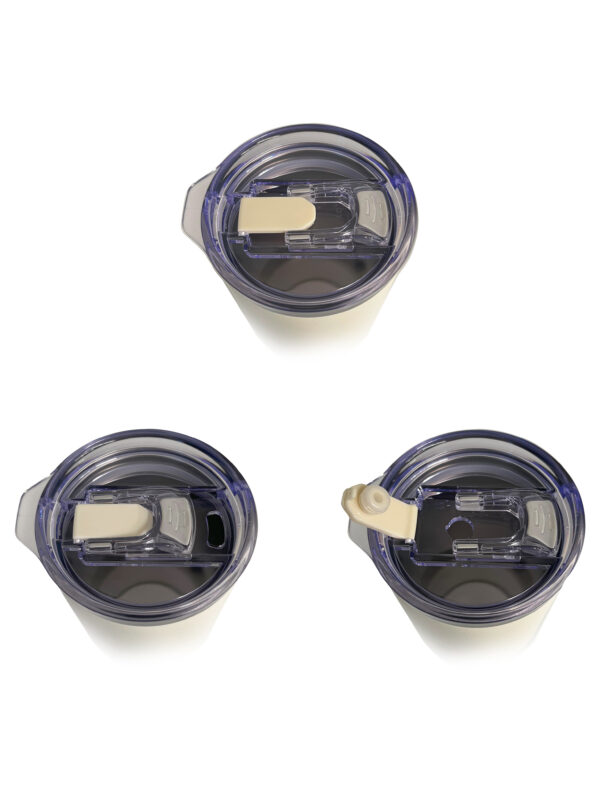 Three spill-proof coffee lids with different openings.