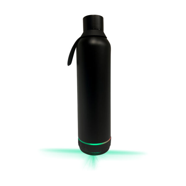 Black insulated water bottle with glowing base.