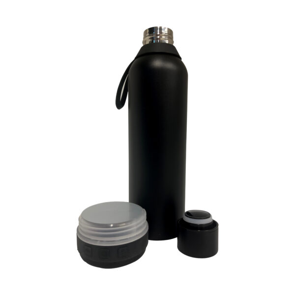 Black thermos with detachable speaker and cap.