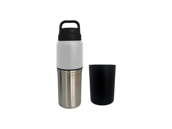 Stainless steel thermos with black cap and cup.