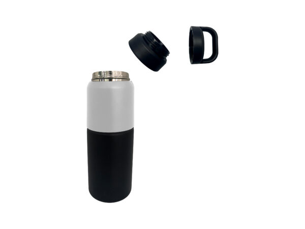 Black and white thermos with separated lid