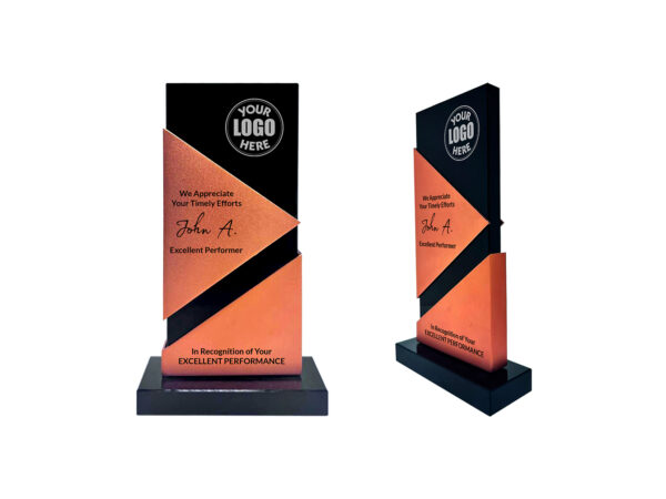 Black glass trophy with metal rose gold design