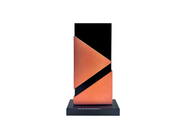 Modern geometric award trophy in orange and black.
