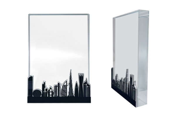 Skyline-themed glass trophy with cityscape design.