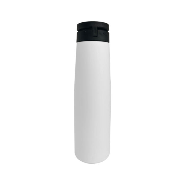 White travel mug with black lid.