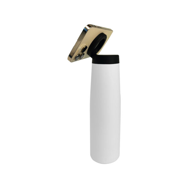 White bottle with a smartphone dock on lid.